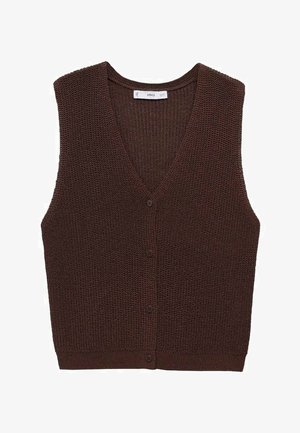 Hnědá pletená vesta s výstřihem do V, bez rukávů, se pěti předními knoflíky a žebrovanými okraji pro texturu. Standardní střih.