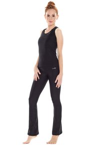 Black athletic tank top and leggings, made of smooth, stretchy fabric. Top has a round neckline, and leggings feature a flared hem.