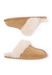 Tan suede slippers with a cream faux fur trim. Features a simple design, open toe, and a textured sole for grip.