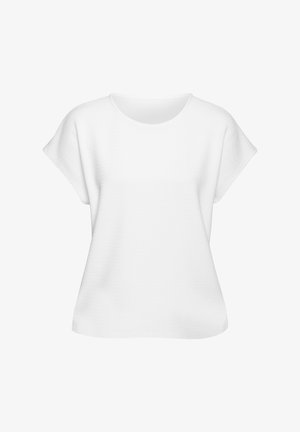 Biała bluzka z krótkim rękawem o okrągłym dekolcie, wykonana z teksturowanej tkaniny z delikatnym wzorem i luźnym krojem.