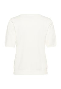 Haut blanc à manches courtes avec un col rond, texture côtelée, et un corps ajusté avec un ourlet droit à la taille.