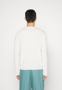 Weißer Langarmpullover mit Rundhalsausschnitt, glatter Textur und eng anliegender Taille, kombiniert mit türkisfarbenen Hosen. Einfaches, minimalistisches Design.
