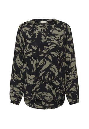 Čierna blúzka s dlhým rukávom s abstraktným vzorom listov v olivovo zelenej farbe, okrúhlym výstrihom a prednými gombíkmi.