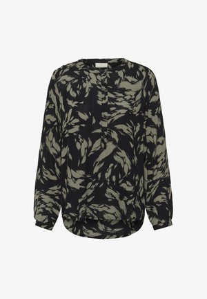 Čierna blúzka s dlhým rukávom s abstraktným vzorom listov v olivovo zelenej farbe, okrúhlym výstrihom a prednými gombíkmi.