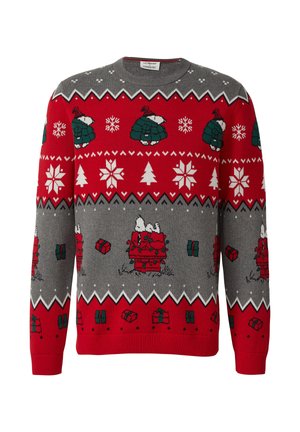 Rode en grijze gebreide trui met feestelijke patronen, waaronder sneeuwvlokken, bomen en cartoonfiguren, met geribbelde manchetten en zoom.