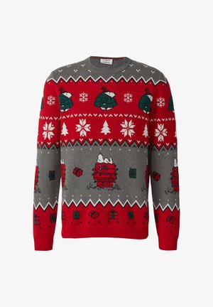 Rode en grijze gebreide trui met feestelijke patronen, waaronder sneeuwvlokken, bomen en cartoonfiguren, met geribbelde manchetten en zoom.