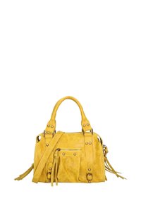 Borsa a tracolla in pelle gialla con doppio manico e tracolla removibile. Caratterizzata da borchie decorative, una tasca con zip frontale e dettagli con frange.