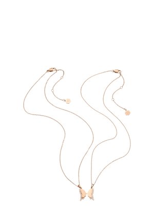 Two delicate rose gold chains each with a crystal-embellished butterfly pendant and lobster clasp on a white background.