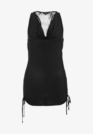 Black sleeveless top with a draped neckline, featuring lace detail at the back and adjustable side drawstrings for fit. Soft, smooth fabric.