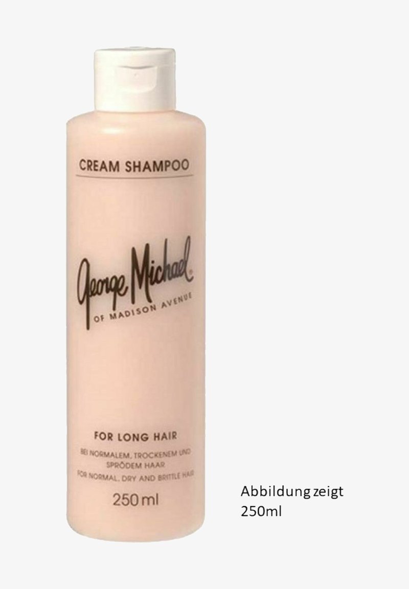 Creme-Shampoo-Flasche, rosa Kunststoff, zylindrische Form, schwarzer Text. Etiketten in Englisch und Deutsch geben die Größe (250ml) und die Anwendung für lange Haare an.