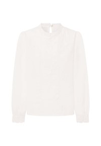 Blusa bianca a maniche lunghe con collo alto, tessuto texturizzato, dettagli ricamati e chiusura a bottone sul retro con un piccolo apertura a chiave.