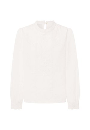 Weiße Bluse mit langen Ärmeln, hohem Kragen, strukturiertem Stoff, bestickten Details und Knopfverschluss auf der Rückseite mit einem kleinen Schlitz.
