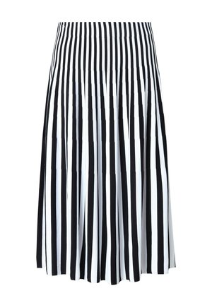 Schwarz-weißer gestreifter, gefälteter Rock mit einem taillierten Bündchen. Der Stoff wirkt glatt und leicht. Die Rocklänge reicht bis zur Mitte der Waden.