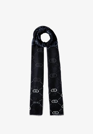 Črn šal s mehkimi vlakni, ki ima ponovljen vzorec logotipa v sivi in beli barvi, z načrtnjenimi robovi za dodaten detajl.