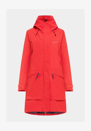 Rode waterdichte jas met een capuchon, ritssluiting, twee voorzakken met rits en verstelbare manchetten. Glad textuur en knielange ontwerp.