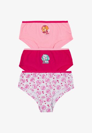 Three pairs of cotton briefs: top in light pink with Skye graphic, middle in bright pink with Everest graphic, bottom in gray with pink paw print pattern.