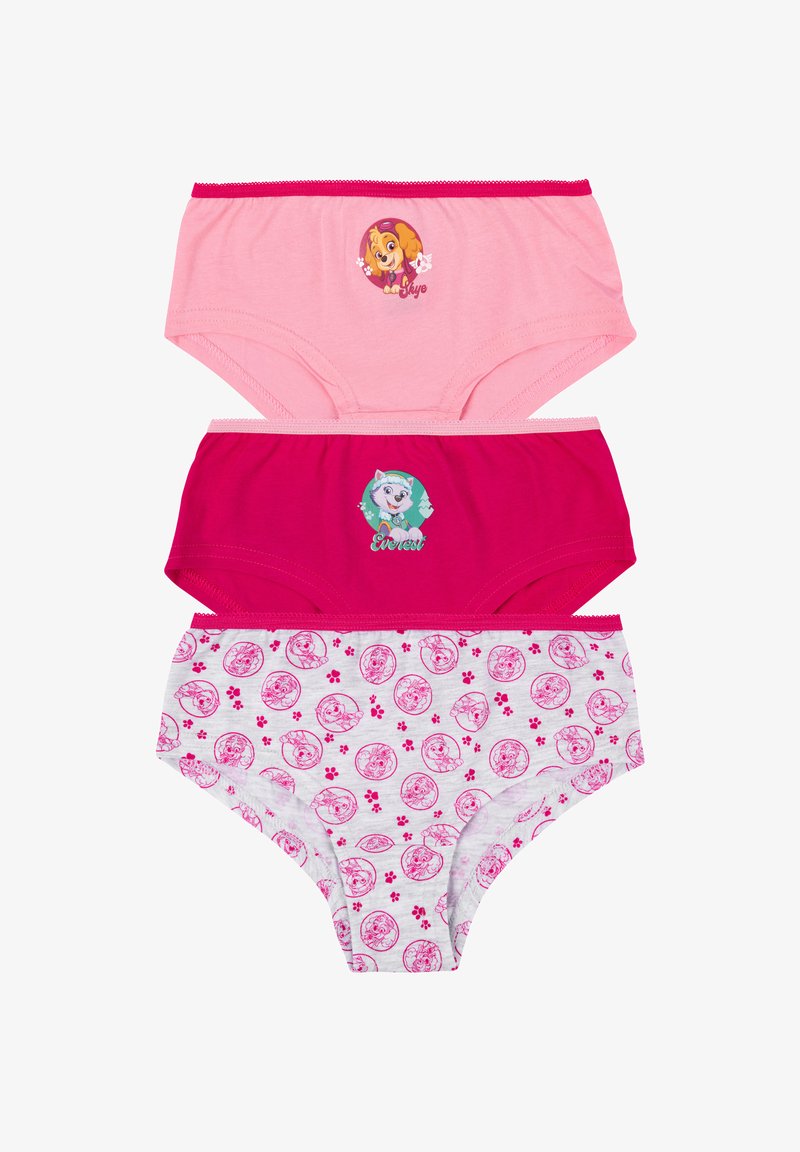 Drei Paar Baumwoll-Slips: oben in Hellrosa mit Skye-Grafik, in der Mitte in Knallpink mit Everest-Grafik, unten in Grau mit pinkem Pfotenmuster.