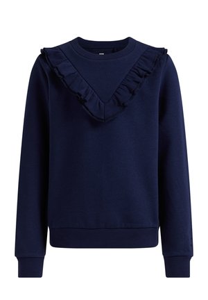 Marineblå sweatshirt med v-formet flæsekant ved halsen, lange ærmer og ribstrikkede manchetter; lavet af blødt stof for komfort.