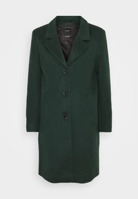 Donkergroen lange wollen jas met gelapte kraag, drie frontknopen en zijzakken, weergegeven op een witte achtergrond.