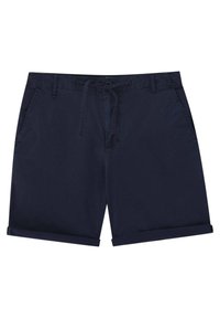 Short pour homme bleu marine avec taille à cordon, poches latérales, passants de ceinture et ourlets retroussés sur fond blanc.