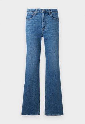 Jean en denim bleu taille haute avec une coupe à jambes larges, fermeture éclair et boutons sur le devant, et design classique à cinq poches sur un fond uni.