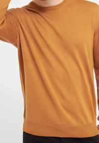 Senfgelber Pullover mit langen Ärmeln aus geripptem Strickstoff. Verfügt über einen runden Ausschnitt und einen taillierten Saum.