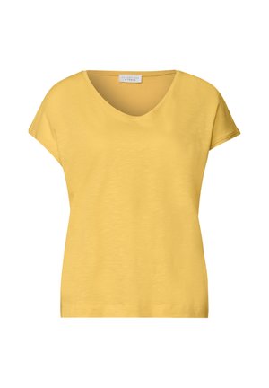 Gelbes Damen-T-Shirt mit kurzen Ärmeln und V-Ausschnitt, locker geschnitten, aus weichem Stoff.