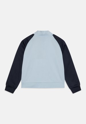 Light blue sweatshirt with dark navy raglan sleeves, ribbed cuffs, and a high collar, shown from the back on a white background.