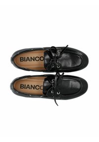 Black leather loafers with a smooth finish, featuring lace-up design, silver eyelets, and a cushioned insole with "BIANCO" branding.