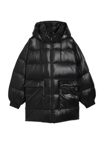Zwarte donsjasje met capuchon, glanzend nylon materiaal, oversized pasvorm, ribgebreide manchetten, ritssluiting en twee voorzakken.
