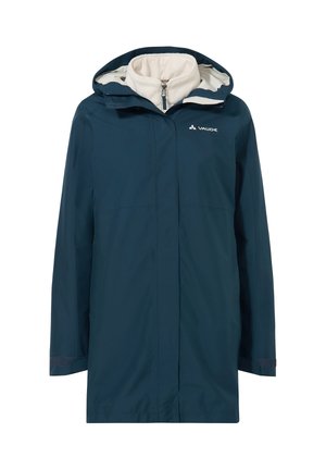 Navy waterproof jacket with a fleece-lined collar, full zip, and adjustable hood. Features buttoned cuffs and side pockets.