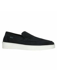 Navy suede slip-on shoes with a rounded toe and white rubber sole. Features minimal stitching and a small tag on the side.