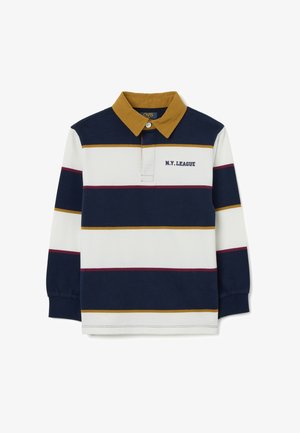 Marineblauwe en witte gestreepte lange mouwen polo shirt met een mosterdkleurige kraag. Kenmerken 'N.Y. LEAGUE' tekst en knoopsluiting op de placket.