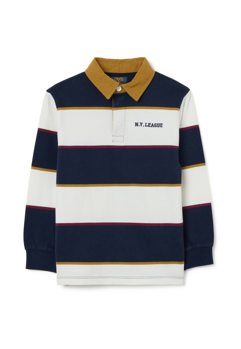 Polo a maniche lunghe a righe blu navy e bianche con colletto senape. Presenta la scritta "N.Y. LEAGUE" e chiusura con bottoni sulla patta.