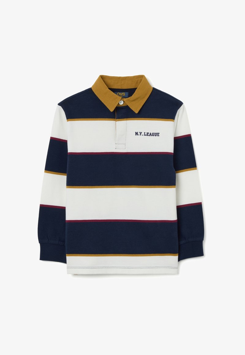Polo a maniche lunghe a righe blu navy e bianche con colletto senape. Presenta la scritta "N.Y. LEAGUE" e chiusura con bottoni sulla patta.