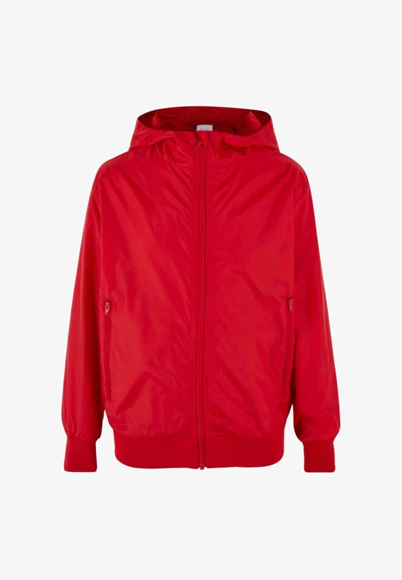 Raudona vėjersi jacket su kapišonu, užtrauktuku priekyje ir elastinėmis rankogaliais, turintis dvi kišenes šonuose. Lygus, lengvas audinys.