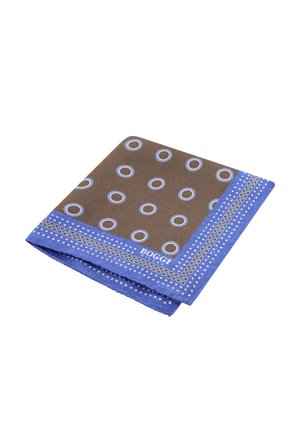 Fazzoletto marrone e blu con motivi circolari e bordo punteggiato, piegato, con il marchio "Boggi Milano" in un angolo.