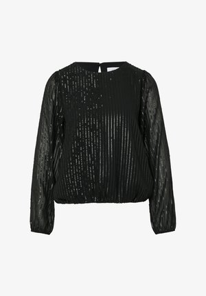 Schwarze Bluse mit langen transparenten Ärmeln, vertikalen strukturierten Streifen, verstreuten Pailletten, Rundhalsausschnitt und einem Schlüssellochverschluss hinten.