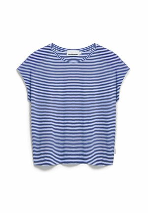 Blauw-wit gestreept T-shirt met korte mouwen, een ronde halslijn en een losse pasvorm. Zachte, gladde stof met een minimalistisch ontwerp.