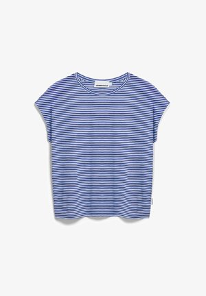 Blau-weiß gestreiftes Kurzarm-T-Shirt mit rundem Ausschnitt und lockerem Schnitt. Weicher, glatter Stoff mit minimalistischem Design.