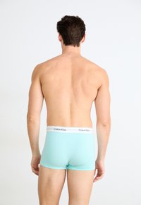 Mintgroene boxershorts met een witte tailleband waarop het "Calvin Klein" logo staat. Gladde textuur, nauwsluitend ontwerp en geen zichtbare patronen.