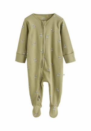 Olivengrüner Babystrampler mit langen Ärmeln, Fußbeinen, Frontreißverschluss und kleinen Zebradrucken überall.