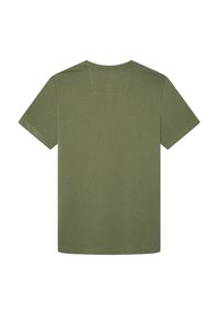 Oliwkowy T-shirt z krótkim rękawem. Wykonany z miękkiego materiału z okrągłym dekoltem. Posiada subtelny prostokątny naszywkę na plecach.