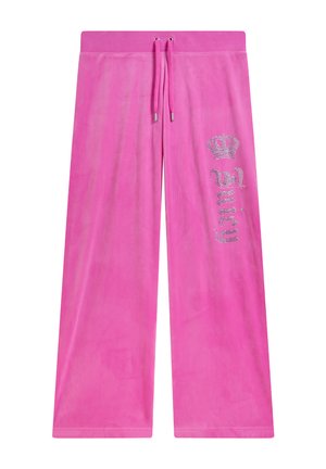 Helle pinkfarbene Velour-Hose mit weitem Bein, Kordelzug in der Taille sowie einer Kronenverzierung aus Strasssteinen und dem Schriftzug "Juicy" am oberen linken Hosenbein.