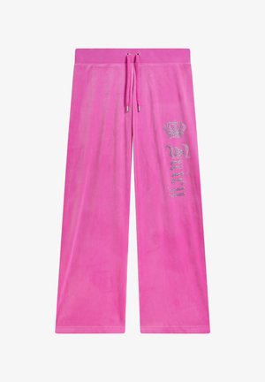 Helle pinkfarbene Velour-Hose mit weitem Bein, Kordelzug in der Taille sowie einer Kronenverzierung aus Strasssteinen und dem Schriftzug "Juicy" am oberen linken Hosenbein.