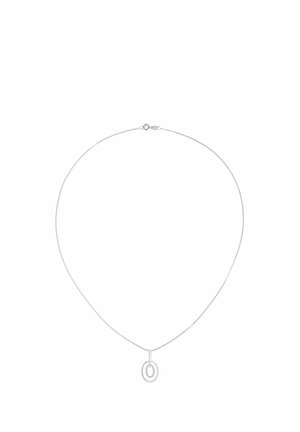 Hõbedast kaelakee peene kettaga ja ümmarguse ripatsiga, milles on põimunud rõngad, sile pind ja minimalistlik disain.