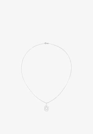 Srebrny naszyjnik z delikatnym łańcuszkiem i okrągłą zawieszką z splecionymi pierścieniami, gładką fakturą i minimalistycznym wzornictwem.