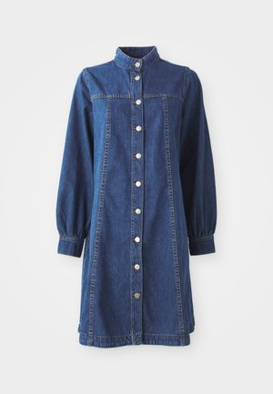 Denim shirt dress with a collar, button-down front, long puff sleeves, and elastic cuffs. Features a classic blue wash and straight cut.