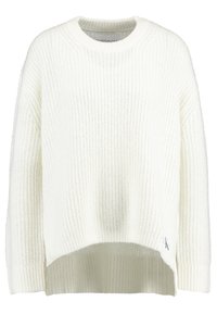 Maglione bianco lavorato a maglia con scollatura rotonda, polsini e orlo a coste, e uno spacco laterale. Presenta un logo sottile in basso a sinistra.