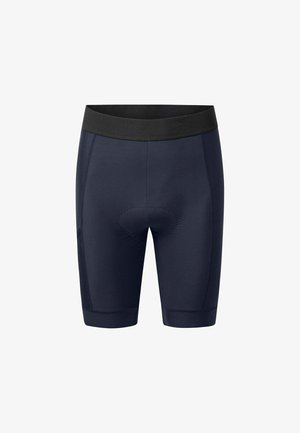 Granatowe, wyściełane spodenki rowerowe z czarnym paskiem w talii, o długości do połowy uda, zaprojektowane dla komfortu i wsparcia podczas jazdy.